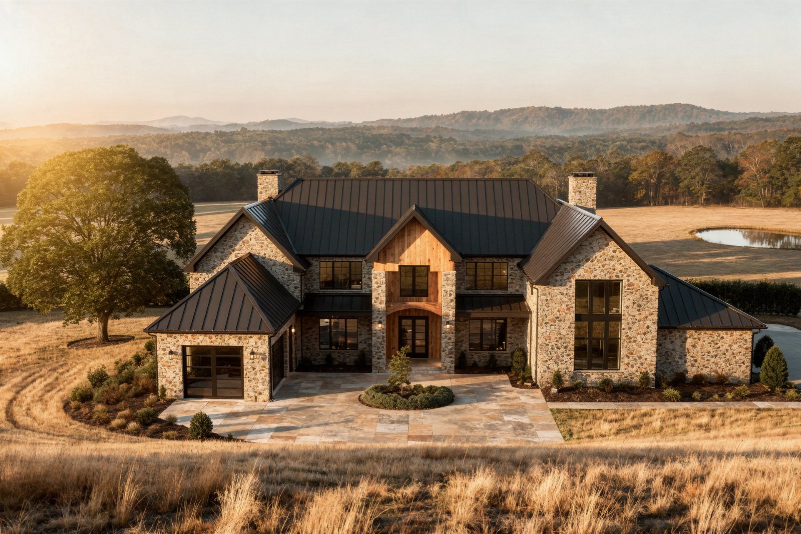 Artist's concept: estate at golden hour with pasture, pond and wooded hills behind