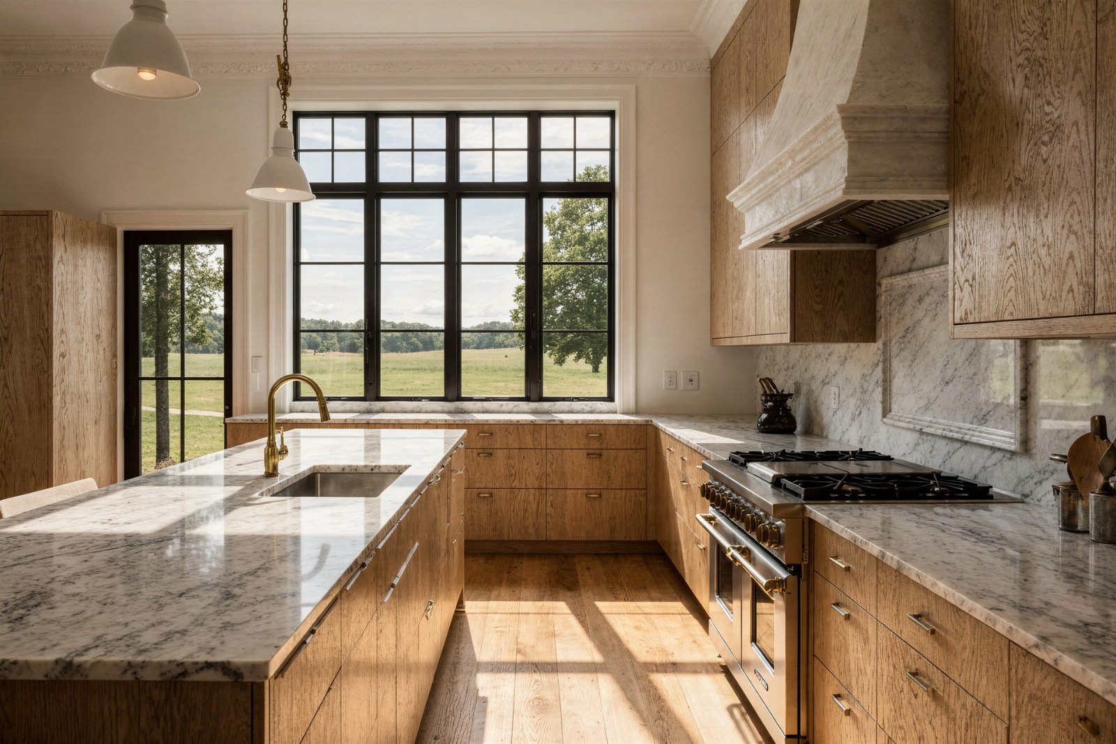 Artist's concept: kitchen with oak cabinetry and a steel window to the pasture